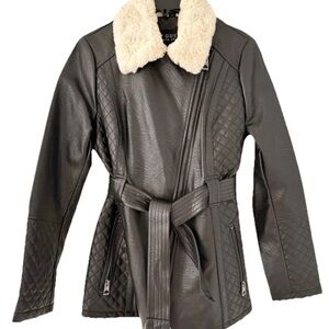 GUESS Black Faux Leather Jacket with Cream Faux Fur Collar